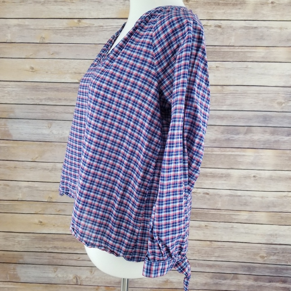 Madewell Plaid Crop V Neck 3/4 Sleeve Blouse - Picture 3 of 7